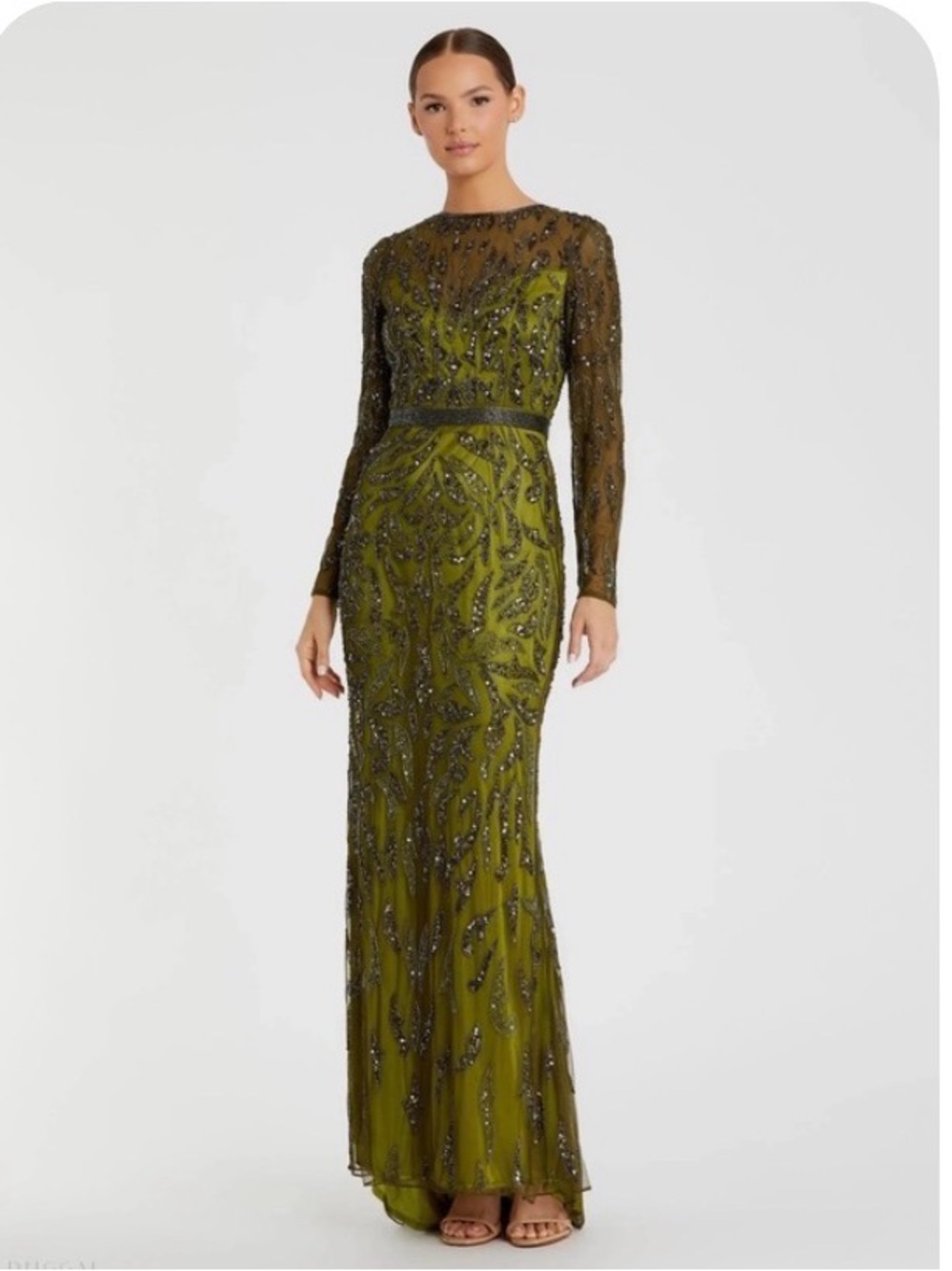Mac Duggal Olive Beaded Long-Sleeve Evening Gown